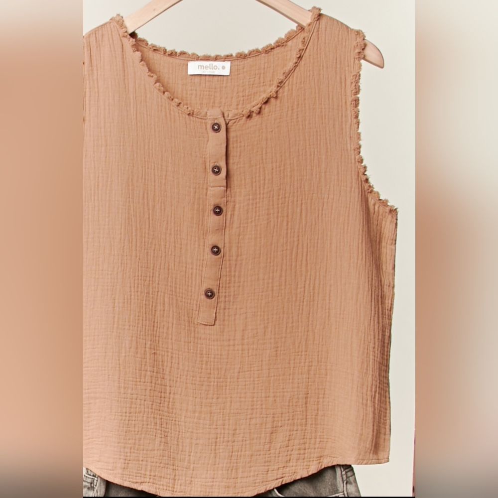 #622 MELLO Mocha Henley Top with Raw Hem Sleeves